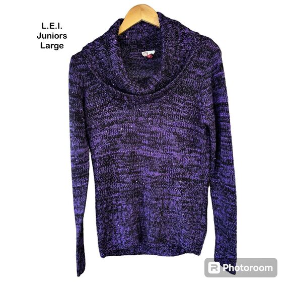 l.e.i. Piper Marbled Purple Black‎ Sequined Goth Cowl Neck Sweater Juniors Large - Picture 1 of 10